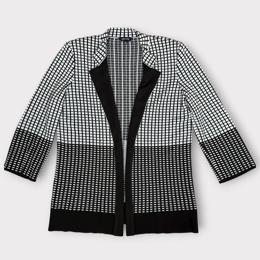 MISOOK Heritage Knit Open Front Jacket Blazer Black White Checkered Womens Large - Picture 2 of 10